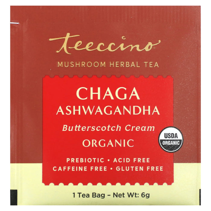 Teeccino, Organic Mushroom Herbal Tea, Chaga Ashwagandha, Butterscotch Cream, Caffeine Free, 25 Tea Bags, 5.3 oz (150 g)