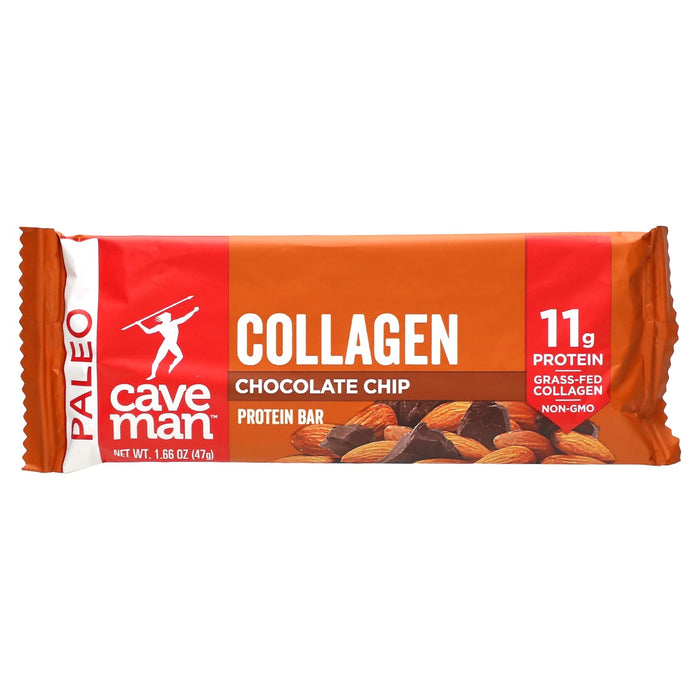 Caveman Foods, Collagen Protein Bar, Chocolate Chip, 12 Bars, 1.66 oz (47 g) Each