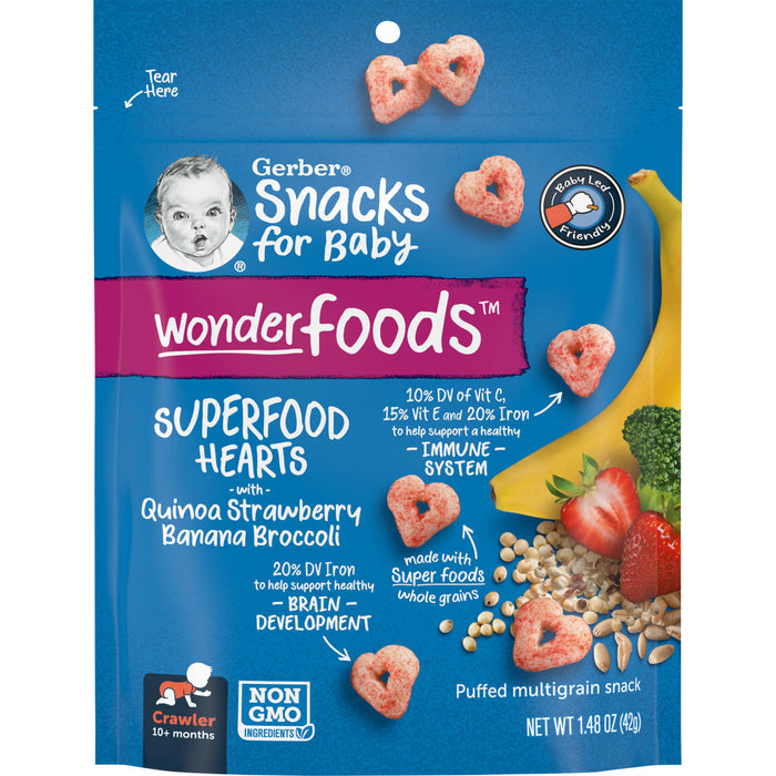 Gerber, Snacks for Baby, Wonder Foods, SuperFood Hearts, 10+ Months, Quinoa Orange and Carrot, 1.48 oz (42 g)