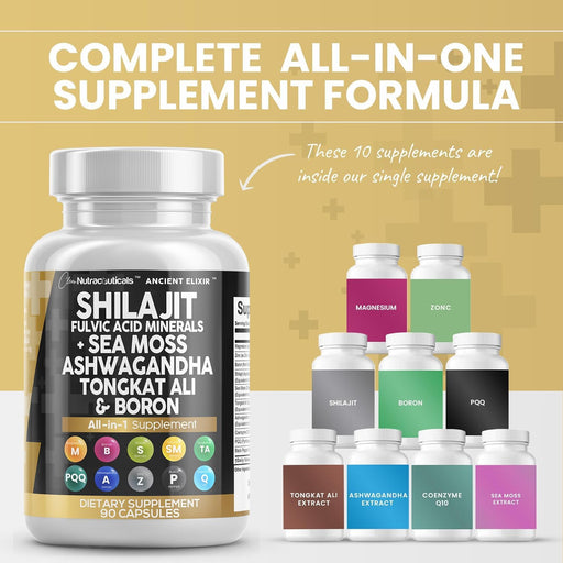 Clean Nutraceuticals Shilajit Supplement 10,000Mg with Sea Moss 6000Mg, Ashwagandha 6000Mg, Tongkat Ali, Boron, Magnesium - Fulvic Acid Capsules for Men - 90 Count