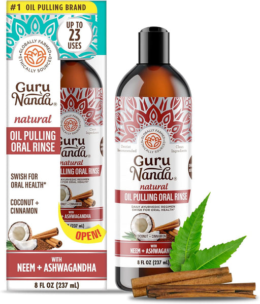 Gurunanda Ashwagandha Oil Pulling (8 Fl Oz) - 100% Pure Blend of Coconut with Essential Oils & Vitamins - Supports Healthy Teeth & Gums & Fresh Breath