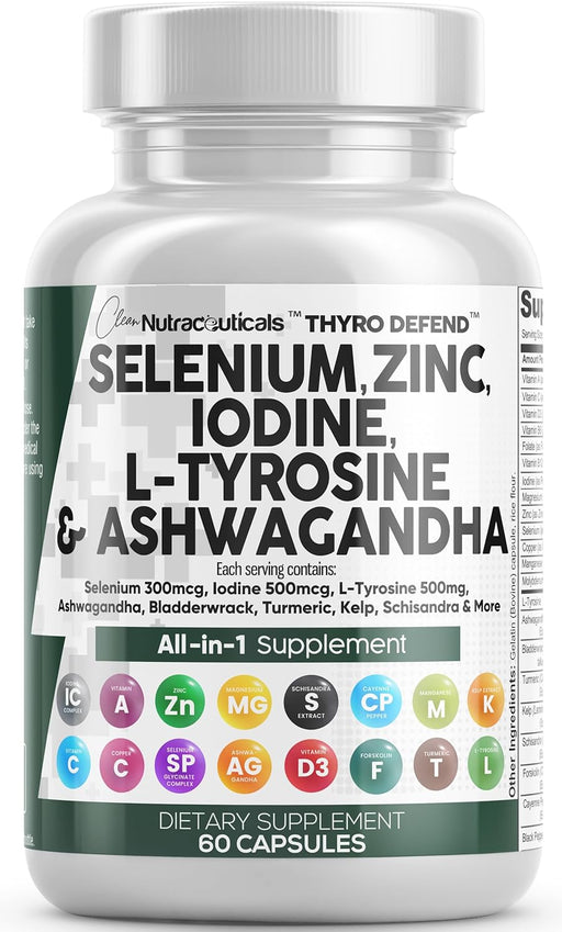 Selenium 300Mcg Zinc 50Mg Iodine 500Mcg L Tyrosine 500Mg Ashwagandha 6000Mg - Thyroid Support Supplement for Women and Men with Bladderwrack, Turmeric, Kelp, Schisandra - 60 Capsules