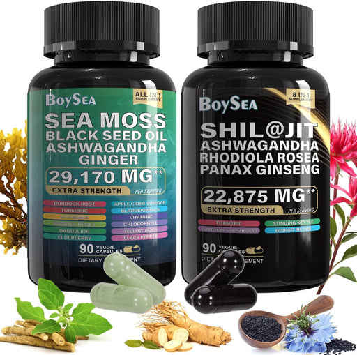 Sea Moss and Shilajit Bundle - 90 Count - Sea Moss 7000Mg, Black Seed Oil 4000Mg, Ashwagandha 2000Mg, Ginger & Shilajit 9000Mg, Rhodiola Rosea 1000Mg, All in 1 Supplements (1 Pack)