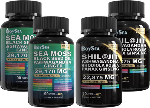 Sea Moss and Shilajit Bundle - 90 Count - Sea Moss 7000Mg, Black Seed Oil 4000Mg, Ashwagandha 2000Mg, Ginger & Shilajit 9000Mg, Rhodiola Rosea 1000Mg, All in 1 Supplements (1 Pack)