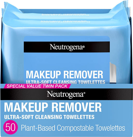 Neutrogena Makeup Remover Wipes, Daily Facial Cleanser Towelettes, Gently Cleanse and Remove Oil & Makeup, Alcohol-Free Makeup Wipes, 2 X 25 Ct.
