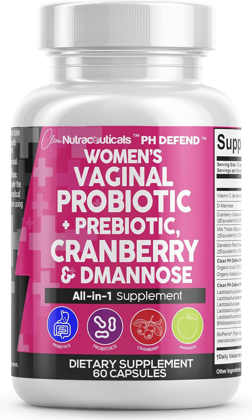 Clean Nutraceuticals Vaginal Probiotics for Women + Prebiotics 20 Billion Cranberry Pills 30,000Mg W/D-Mannose 500 Mg for Urinary Tract Health Ph Balance - Womens Vitamins for Vaginal Health