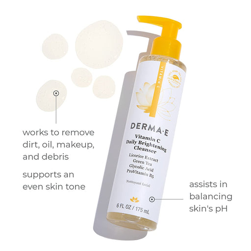 DERMA-E Vitamin C Cleanser - Daily Brightening Cleanser – Hydrating Face Wash to Even Out Skin Tone – Moisturizing Face Cleanser for a Radiant Glow, 6 Fl Oz