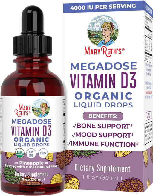 Maryruth Organics Vitamin D3 Liquid Drops | Megadose 4000 IU | USDA Organic Liquid Vitamin D Spray for Adults & Kids | Immune Support & Bone Health | Vegan | Gluten Free | Non-Gmo | 30 Servings