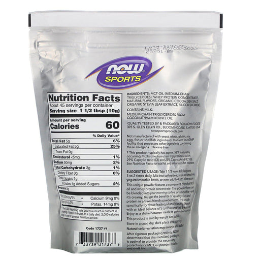 Now Foods, Sports, MCT Powder with Whey Protein, Chocolate Mocha, 1 lb (454 g) - HealthCentralUSA