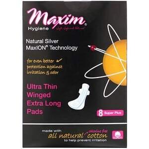 Maxim Hygiene Products, Ultra Thin Winged Extra Long Pads, Natural Silver MaxION Technology, Super Plus, 8 Pads - HealthCentralUSA