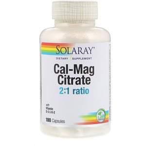 Solaray, Cal-Mag Citrate 2:1 Ratio, 180 Capsules - HealthCentralUSA
