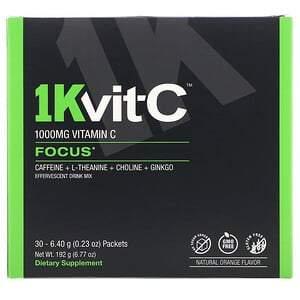 1Kvit-C, Vitamin C, Focus, Effervescent Drink Mix, Natural Orange Flavor, 1,000 mg, 30 packets. 0.23 oz (6.40 g) Each - HealthCentralUSA