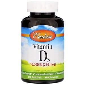 Carlson Labs, Vitamin D3, 10,000 IU (250 mcg), 360 Soft Gels - HealthCentralUSA