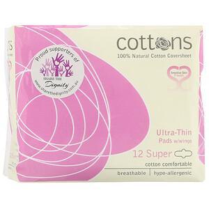 Cottons, 100% Natural Cotton Coversheet, Ultra-Thin Pads with Wings, Super, 12 Pads - HealthCentralUSA