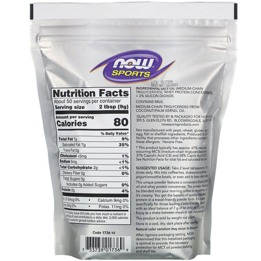 Now Foods, Sports, MCT Powder with Whey Protein, Unflavored, 1 lb (454 g) - HealthCentralUSA