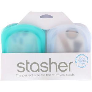 Stasher, Reusable Silicone Pocket, Clear & Aqua, 2 Pack, 4 oz (42 g) Each - HealthCentralUSA