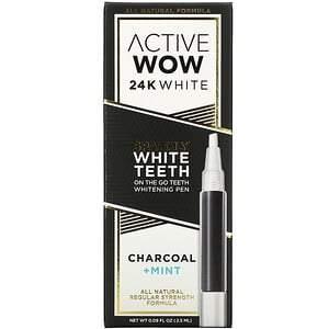 Active Wow, 24K White, Sparkly Teeth Whitening Pen, Charcoal + Mint, 0.09 fl oz (2.5 ml) - HealthCentralUSA