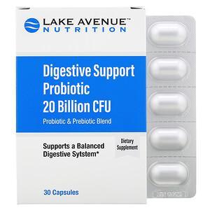 Lake Avenue Nutrition, Digestive Support Probiotic, Probiotic & Prebiotic Blend, 20 Billion CFUs, 30 Capsules - HealthCentralUSA