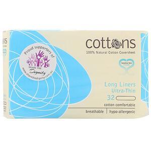 Cottons, 100% Natural Cotton Coversheet, Long Liners, Ultra-Thin, 32 Liners - HealthCentralUSA