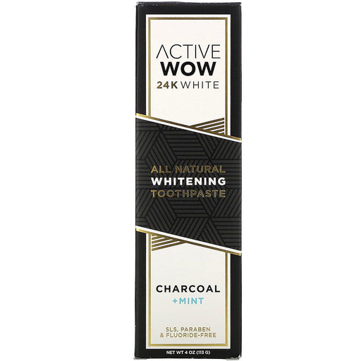 Active Wow, 24K White, All Natural Whitening Toothpaste, Charcoal + Mint, 4 oz (113 g) - HealthCentralUSA