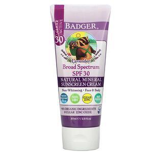 Badger Company, Natural Mineral Sunscreen Cream, SPF 30, Lavender, 2.9 fl oz (87 ml) - HealthCentralUSA