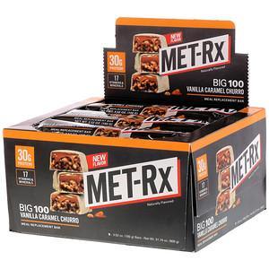 MET-Rx, Big 100, Meal Replacement Bar, Vanilla Caramel Churro, 9 bars, 3.52 oz (100 g) Each - HealthCentralUSA