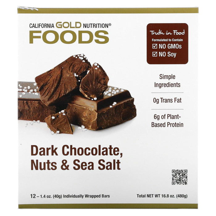 California Gold Nutrition, Foods, Dark Chocolate, Nuts & Sea Salt Bars, 12 Bars, 1.4 oz (40 g) Each - HealthCentralUSA