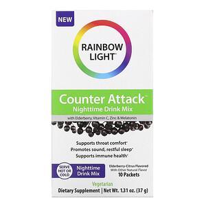 Rainbow Light, Counter Attack, Nighttime Drink Mix with Elderberry, Vitamin C, Zinc and Melatonin, Elderberry-Citrus, 10 Packets, 0.1 oz (3.7 g) Each - HealthCentralUSA