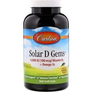 Carlson Labs, Solar D Gems, Natural Lemon Flavor, 100 mg (4,000 IU), 360 Soft Gels - HealthCentralUSA