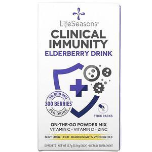 LifeSeasons, Clinical Immunity Elderberry Drink Mix, Berry-Lemon, 39,000 mg, 5 Packets, 3.14 g Each - HealthCentralUSA