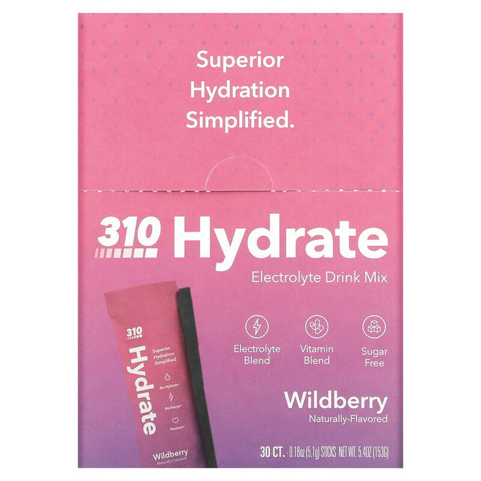 310 Nutrition, Hydrate, Electrolyte Drink Mix, Wildberry, 30 Sticks, 0.18 oz (5.1 g) Each