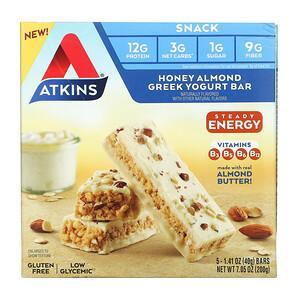 Atkins, Snack, Honey Almond Greek Yogurt Bar, Gluten Free, 5 Bars, 1.41 oz (40 g) Each - HealthCentralUSA