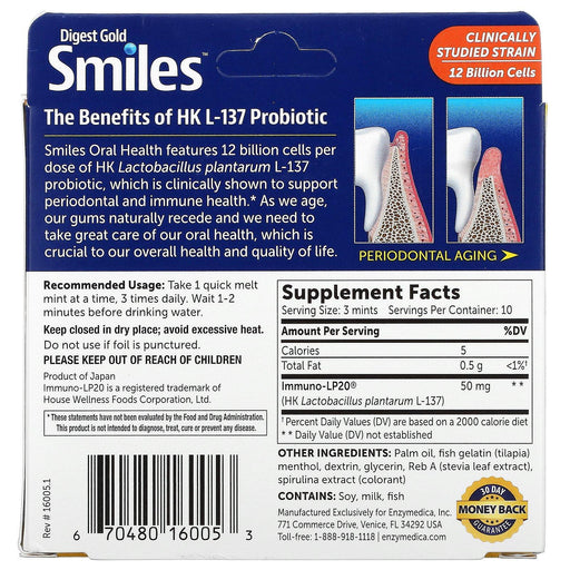Enzymedica, Digest Gold Smiles Oral Health with HK L-137 Probiotic, 30 Quick Melt Mints - HealthCentralUSA