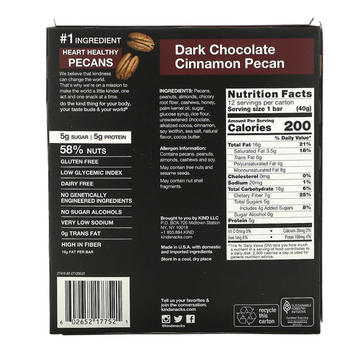 KIND Bars, Dark Chocolate Cinnamon Pecan, 12 Bars, 1.4 oz (40 g) Each - HealthCentralUSA