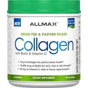 ALLMAX Nutrition, Grass Fed & Pasture Raised Collagen with 10,000 mcg Biotin + 90 mg Vitamin C, 15.5 oz (440 g) - HealthCentralUSA