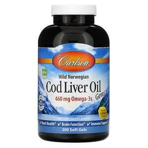 Carlson Labs, Wild Norwegian, Cod Liver Oil Gems, Natural Lemon Flavor, 230 mg, 300 Soft Gels - HealthCentralUSA