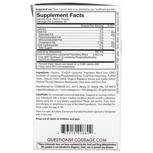 CodeAge, Wonder Heart, Liposomal CoQ10, Raspberry Flavor, 30 Pouches, 0.3 fl oz (10 ml) Each - HealthCentralUSA