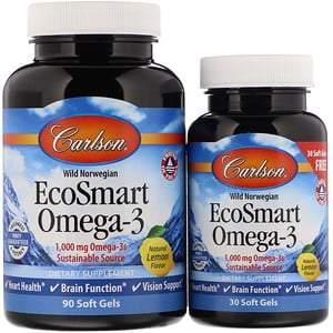 Carlson Labs, EcoSmart Omega-3, Natural Lemon Flavor, 1,000 mg, 90 + 30 Soft Gels - HealthCentralUSA
