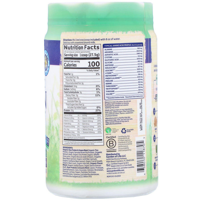 Garden of Life, RAW Protein & Greens, Organic Plant Formula, Vanilla, 19.40 oz (550 g) - HealthCentralUSA