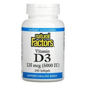 Natural Factors, Vitamin D3, 125 mcg (5,000 IU), 240 Softgels - HealthCentralUSA