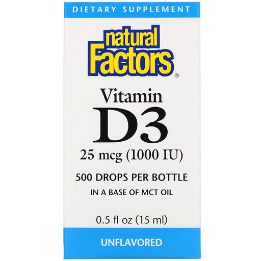 Natural Factors, Vitamin D3 Drops, Unflavored, 25 mcg (1,000 IU), 0.5 fl oz (15 ml) - HealthCentralUSA