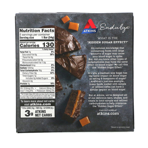 Atkins, Endulge, Chocolate Caramel Fudge, 5 Bars, 1.2 oz (34 g) Each - HealthCentralUSA