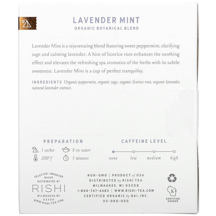 Rishi Tea, Organic Botanical Blend, Lavender Mint, Caffeine-Free, 15 Sachets, 1.32 oz (37.5 g) - HealthCentralUSA