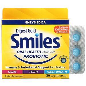 Enzymedica, Digest Gold Smiles Oral Health with HK L-137 Probiotic, 30 Quick Melt Mints - HealthCentralUSA