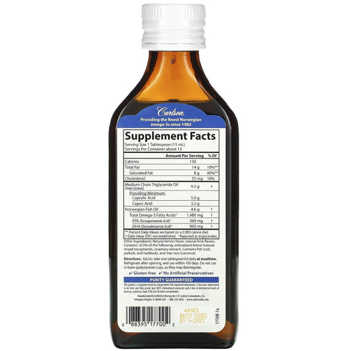 Carlson Labs, MCT & Omega-3, Natural Lemon Lime, 6.7 fl oz (200 ml) - HealthCentralUSA