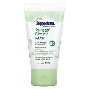 Coppertone, Pure & Simple, Sunscreen Lotion, For Face, SPF 50, 2 fl oz (59 ml) - HealthCentralUSA