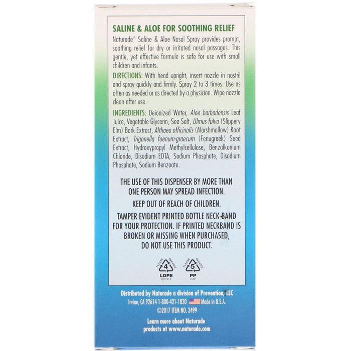 Naturade, Nasal Spray, Saline & Aloe, 1.5 fl oz (45 ml) - HealthCentralUSA
