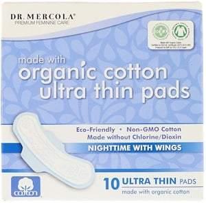 Dr. Mercola, Organic Cotton Ultra Thin Pads, Nighttime with Wings, 10 Pads - HealthCentralUSA