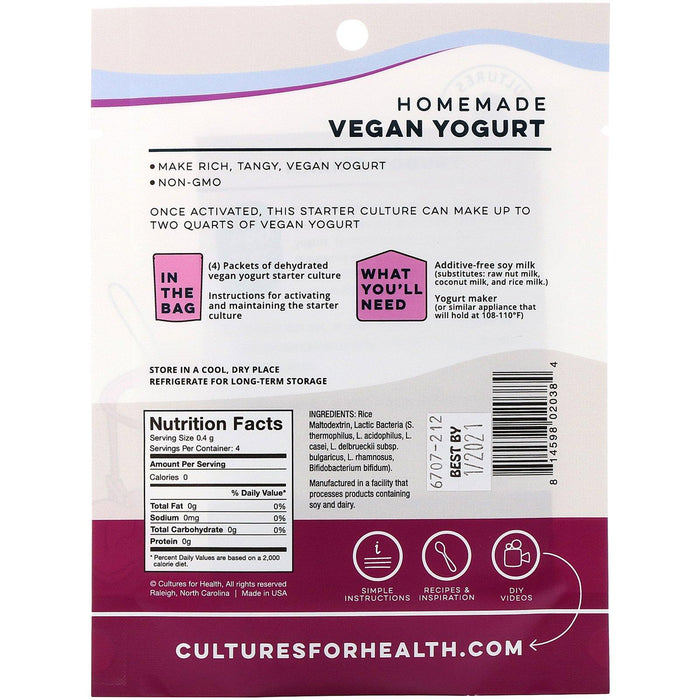 Cultures for Health, Vegan Yogurt, 4 Packets, .06 oz (1.6 g) - HealthCentralUSA