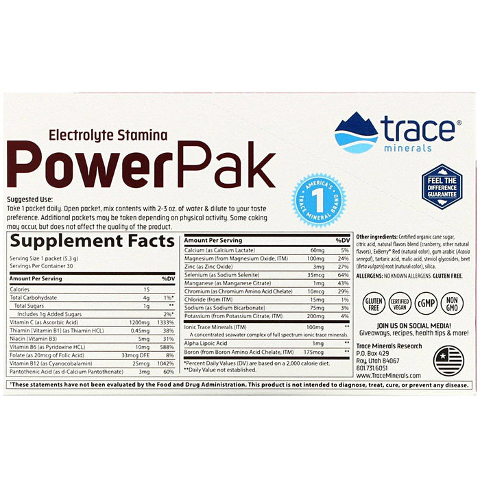 Trace Minerals Research, Electrolyte Stamina PowerPak, Cranberry, 30 Packets, 0.19 oz (5.3 g) Each - HealthCentralUSA